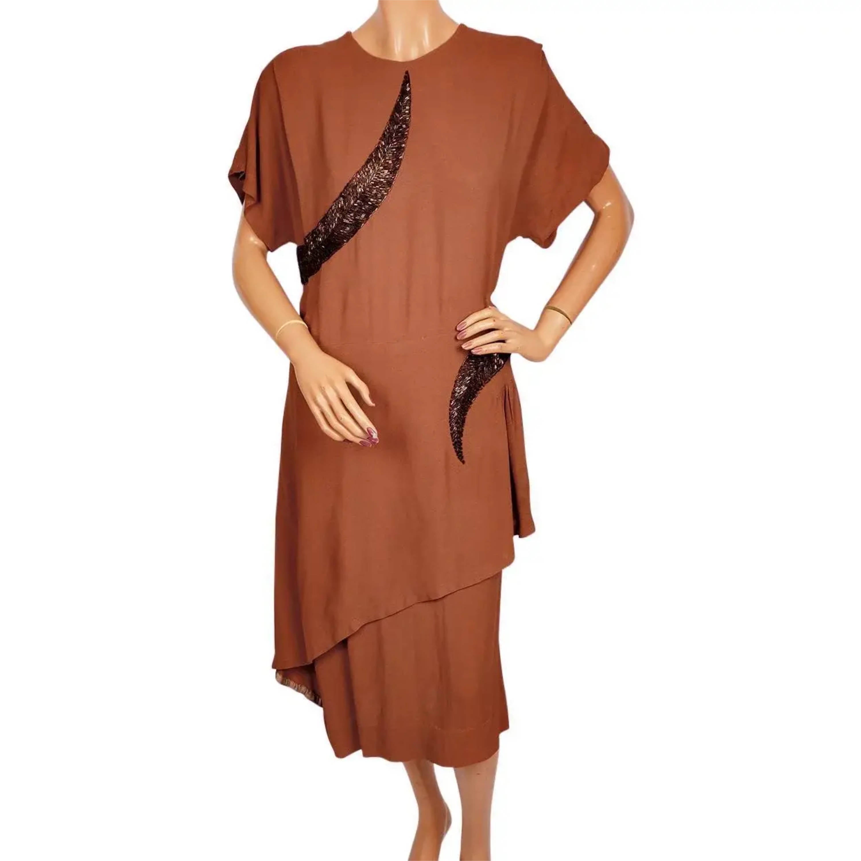 Vintage 1940s Dress Beaded Brown Rayon Crepe Size L – Poppy's Vintage Clothing