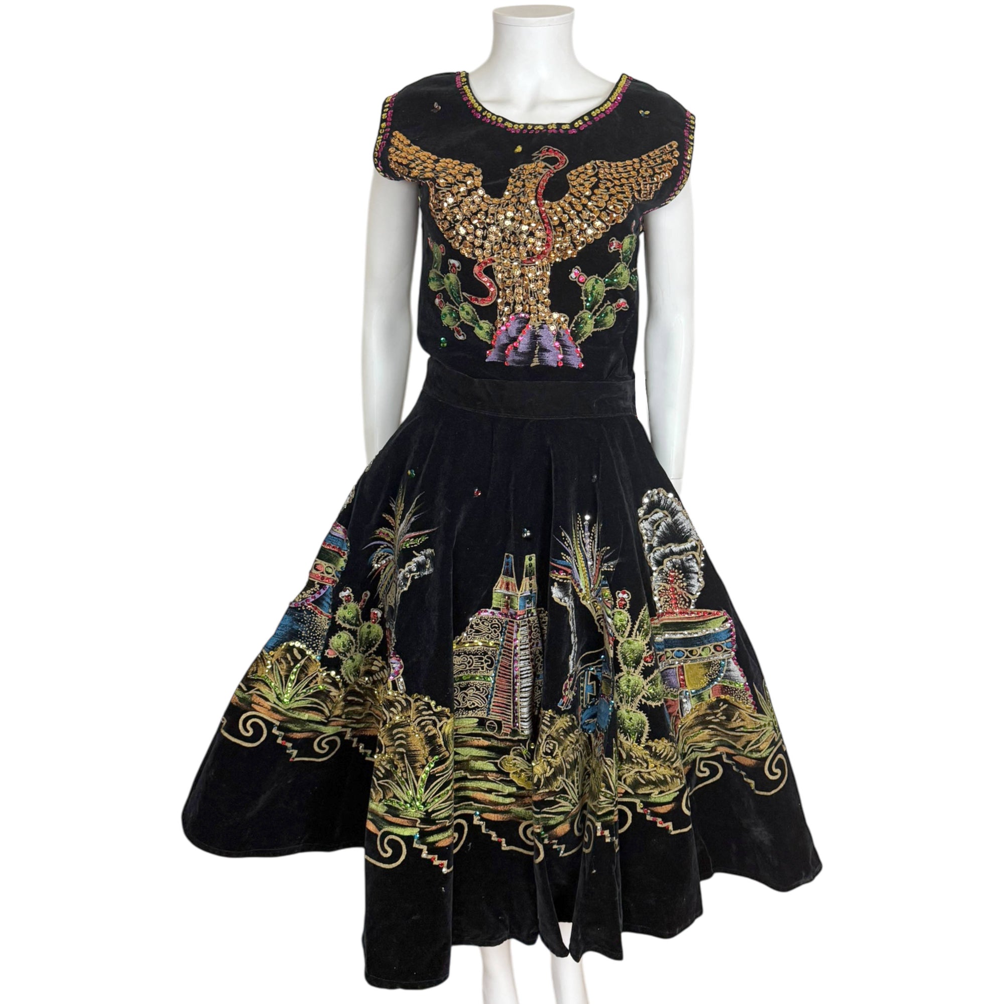 Vintage 1950s Mexican Circle Skirt and Top Set Hand Painted