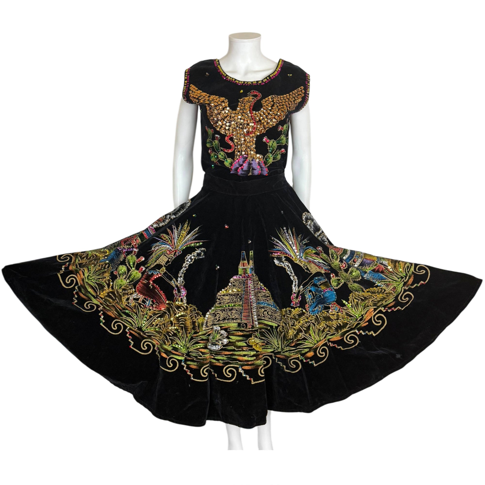 Vintage 1950s Mexican Circle Skirt and Top Set Hand Painted