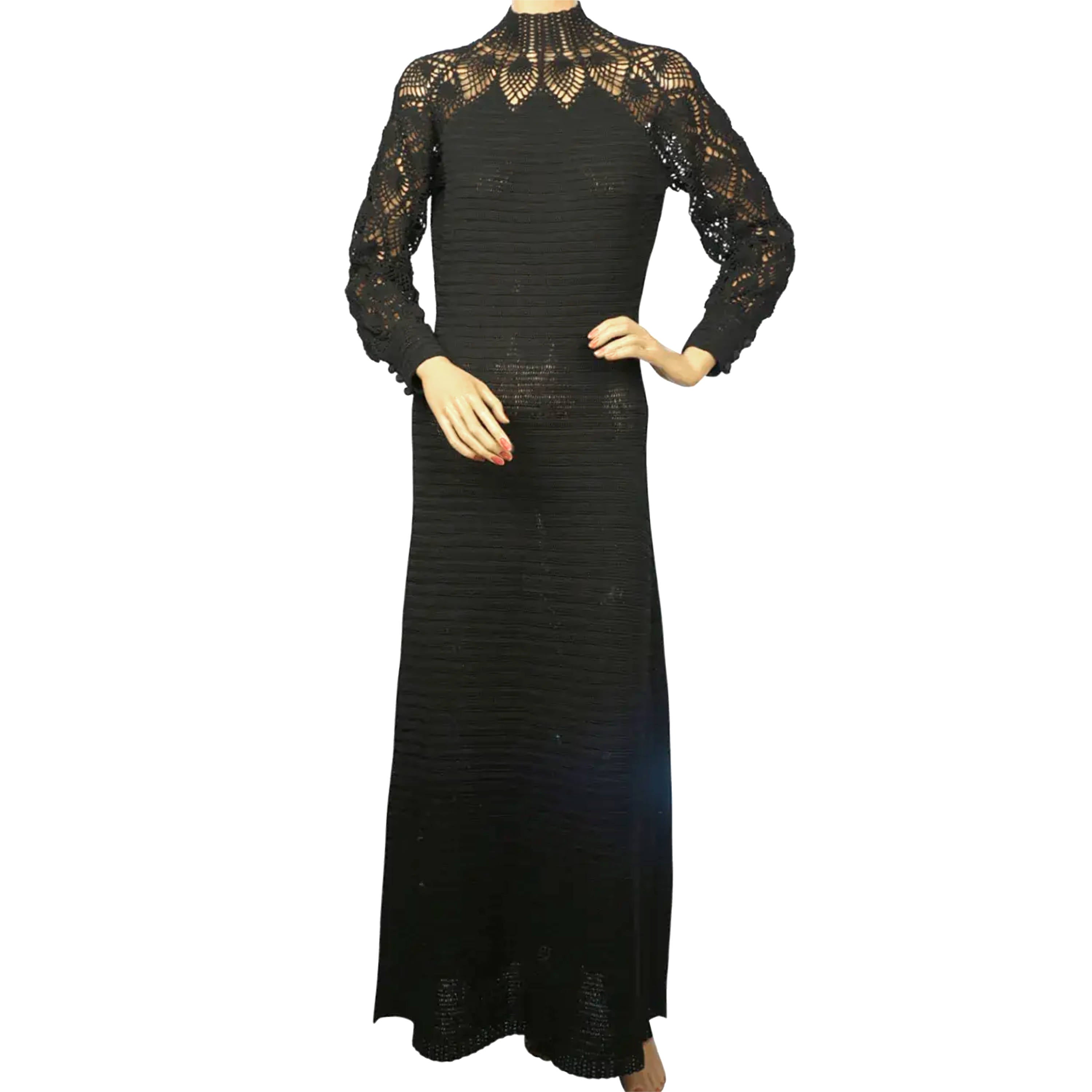Vintage 1970s Crochet Long Dress Black Knit Size M Poppy's Vintage Clothing Vintage 1970s Crochet Long Dress Black Knit Size M Poppy's Vintage Clothing