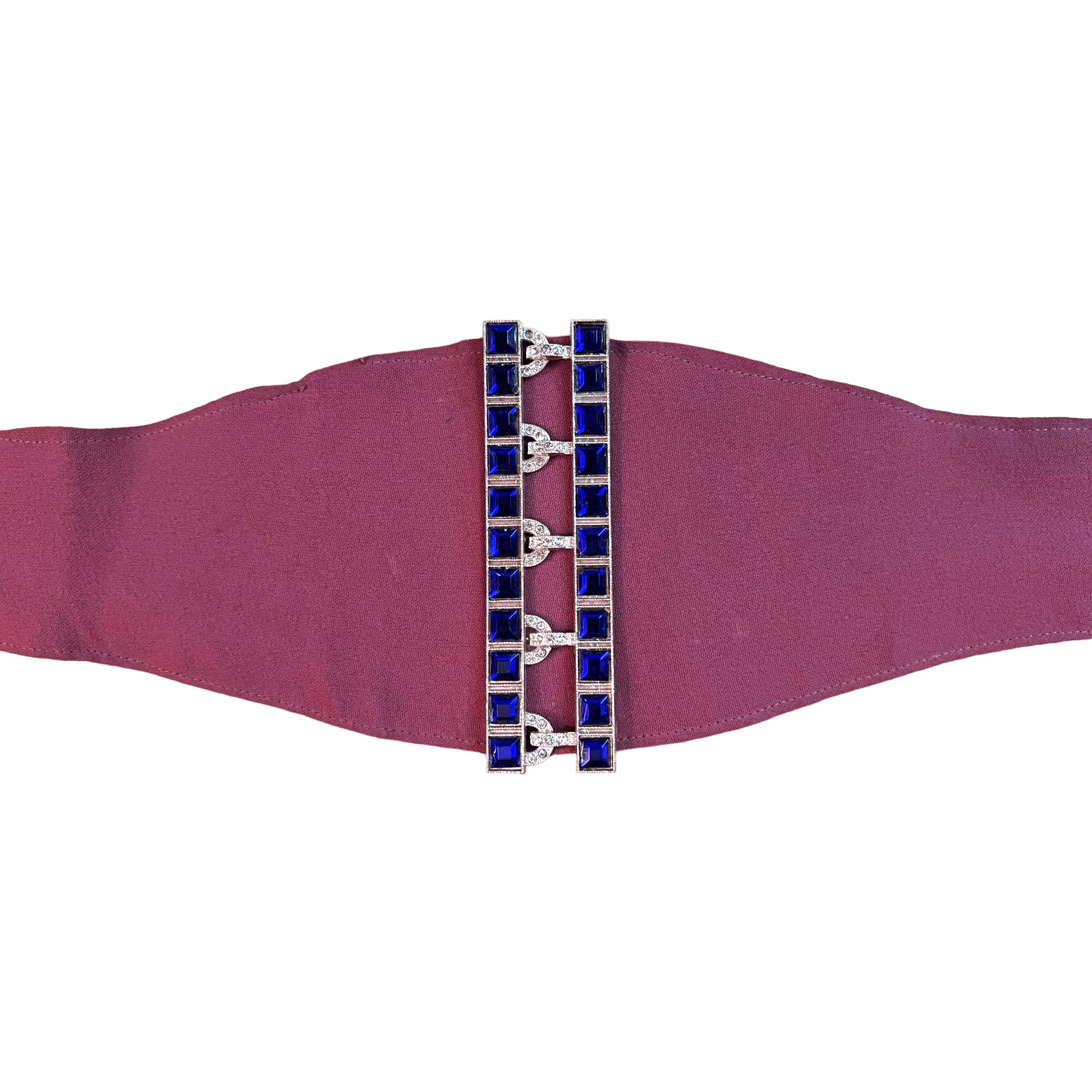 Art Deco Belt Buckle Blue Rhinestone on Purple Cloth 30s 40s