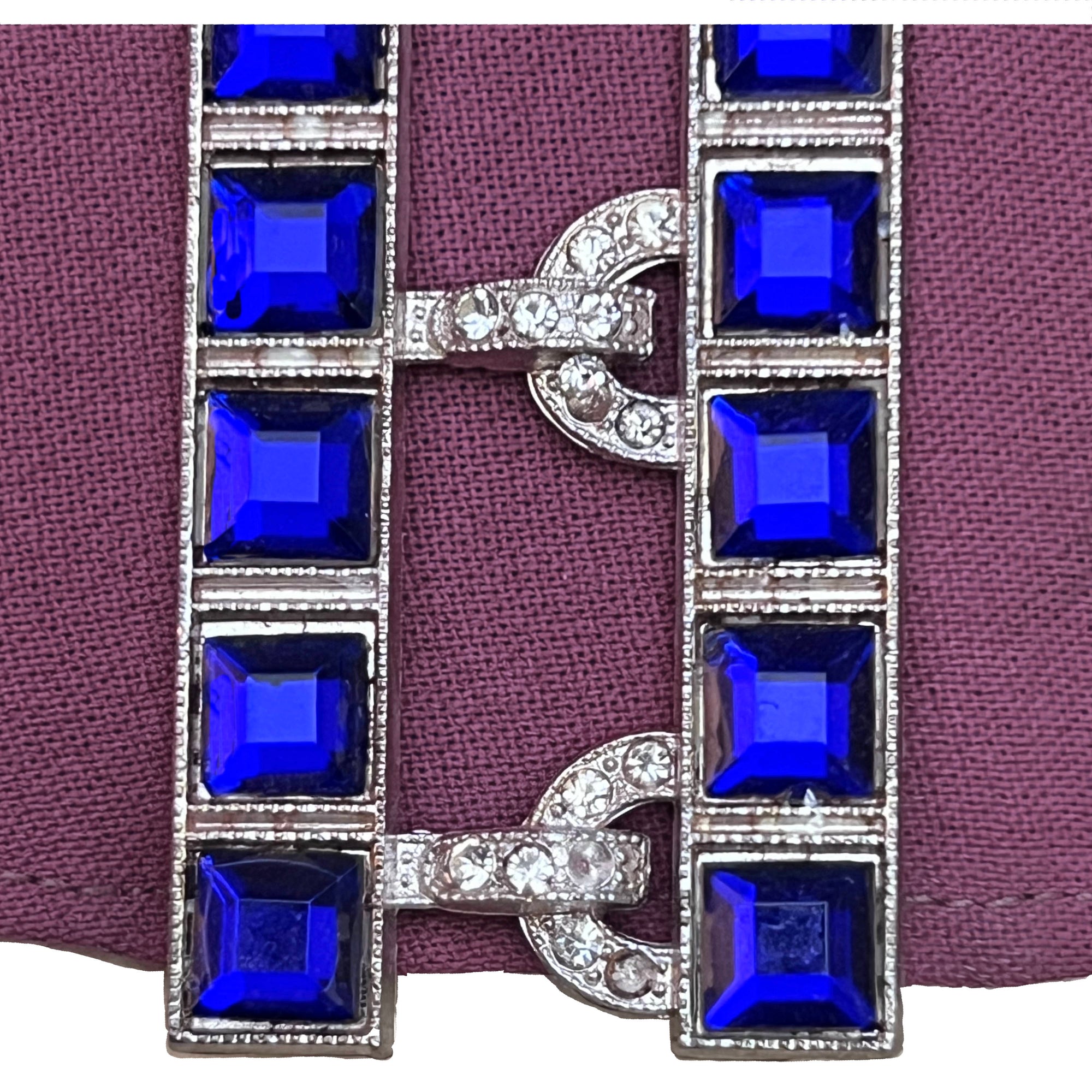 Art Deco Belt Buckle Blue Rhinestone on Purple Cloth 30s 40s