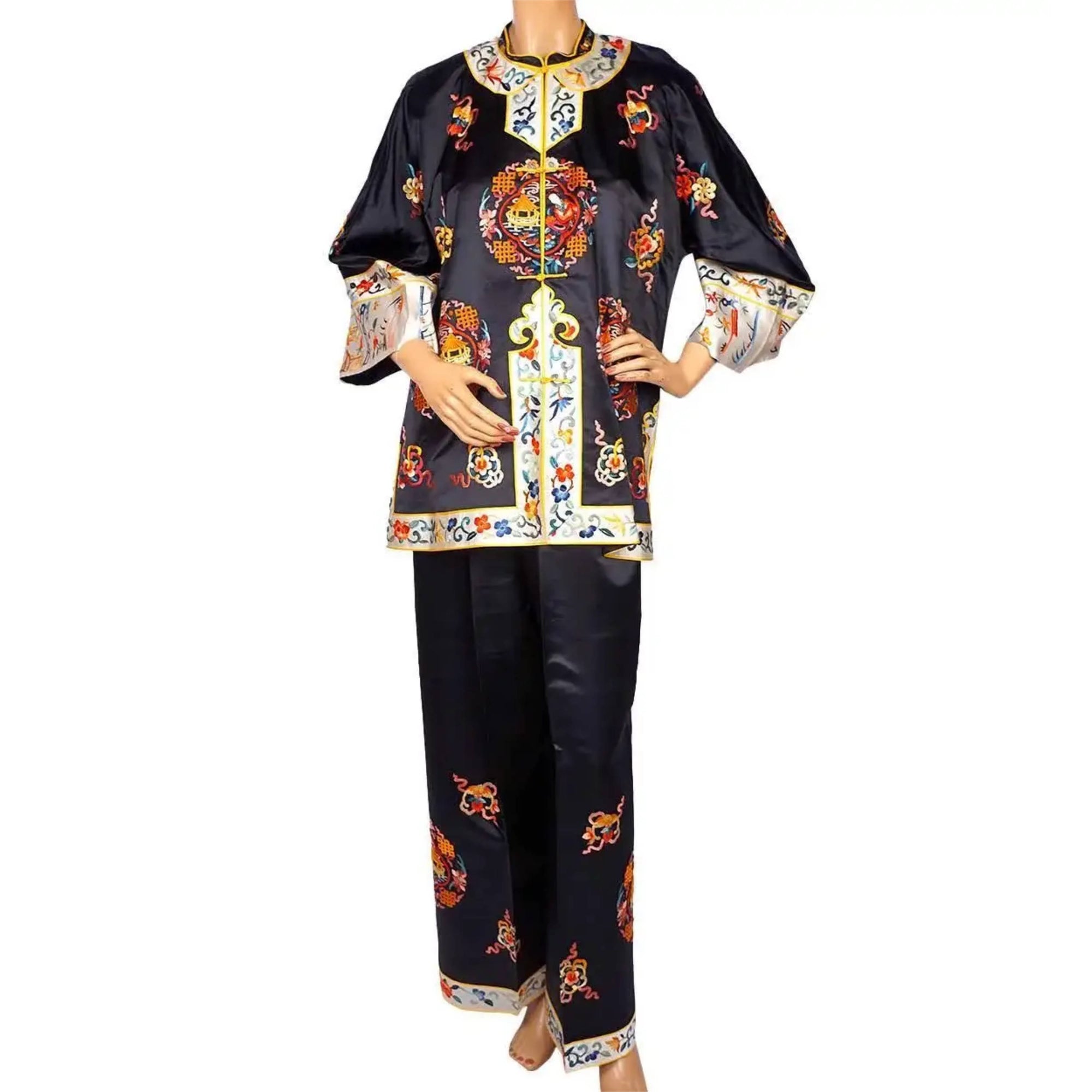 Vintage 1930s Chinese Embroidered Silk Pyjamas Size M / L