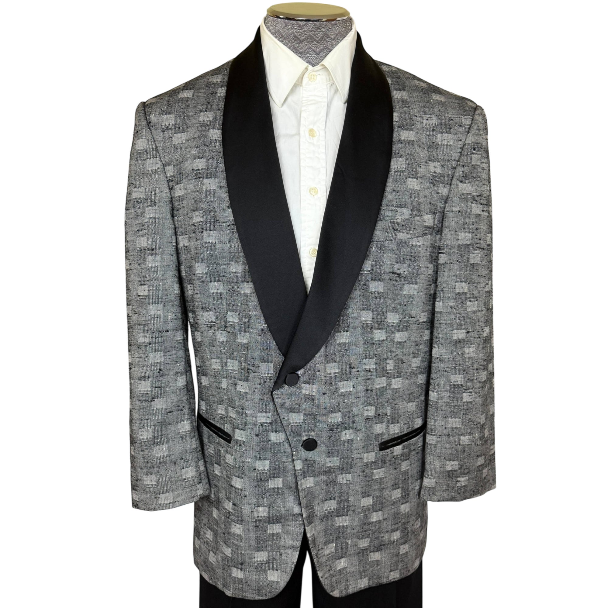 Vintage 1980s Dinner Jacket Silver Grey Block Pattern Size L