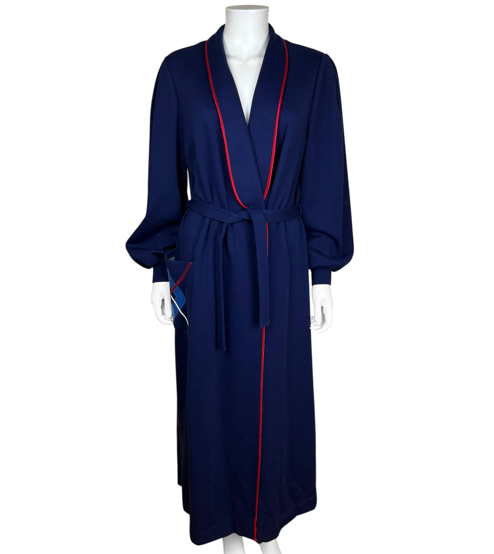Vintage Navy Blue Dressing Gown Belted Lounge Robe Geometric Pocket Italy