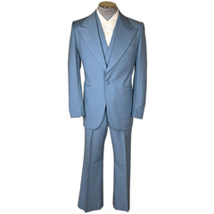 Vintage 1970s Disco Suit 3 Piece Light Blue Wool Sz M