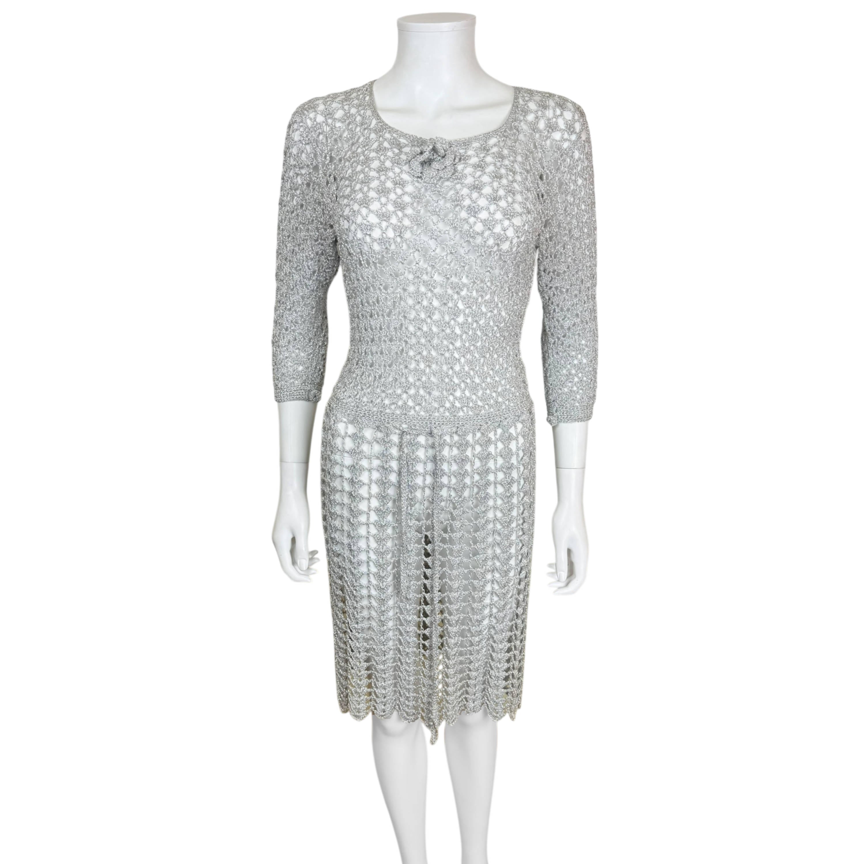 Vintage 1960s Silver Metallic Crochet Dress Open Knit Medium – Poppy's Vintage Clothing