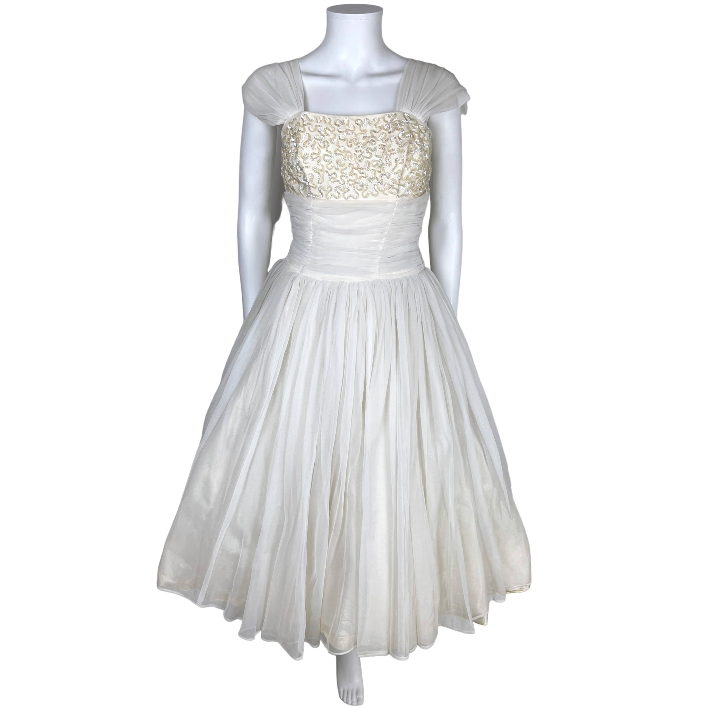 chiffon 50s dress 1950's Ivory Chiffon Strapless Tiered Ruffle Full-Length 'New Look' Vintage Bridal Gown
