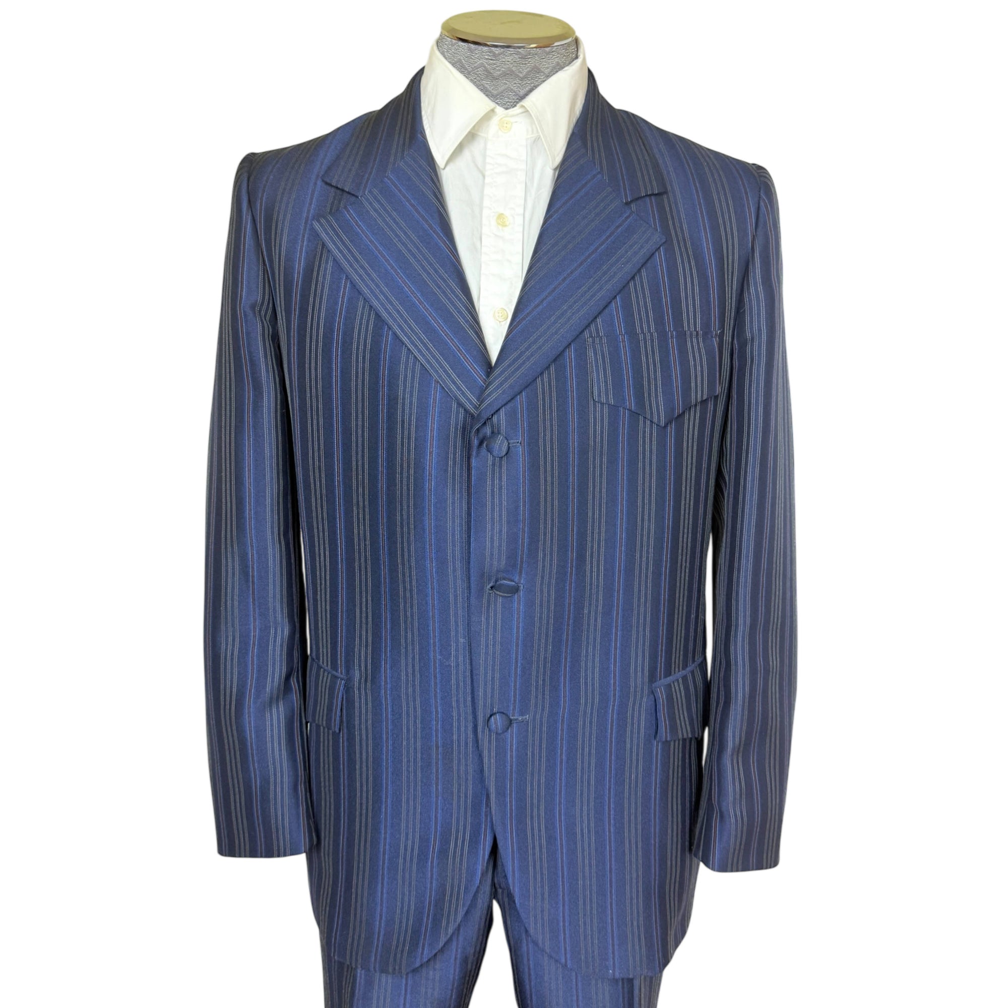 Vintage 1960s Shiny Suit Blue w Red Pinstripe Men’s Size L