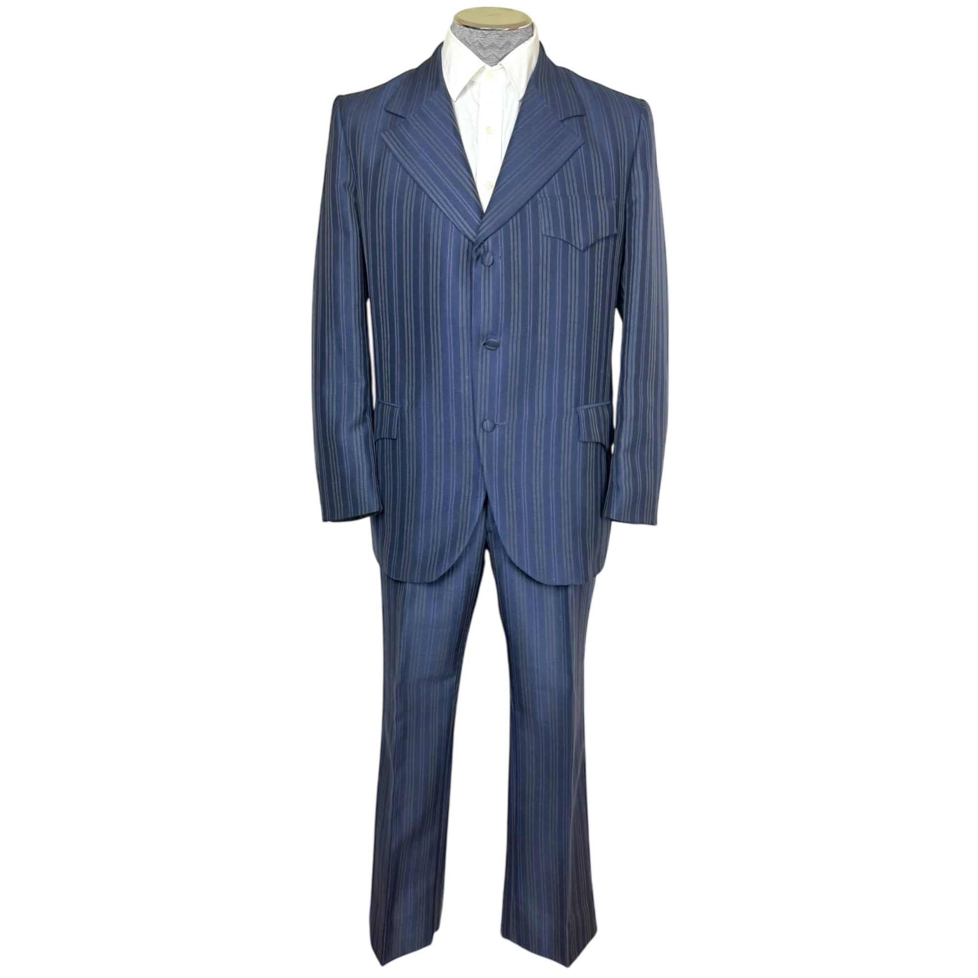 Vintage 1960s Shiny Suit Blue w Red Pinstripe Men’s Size L