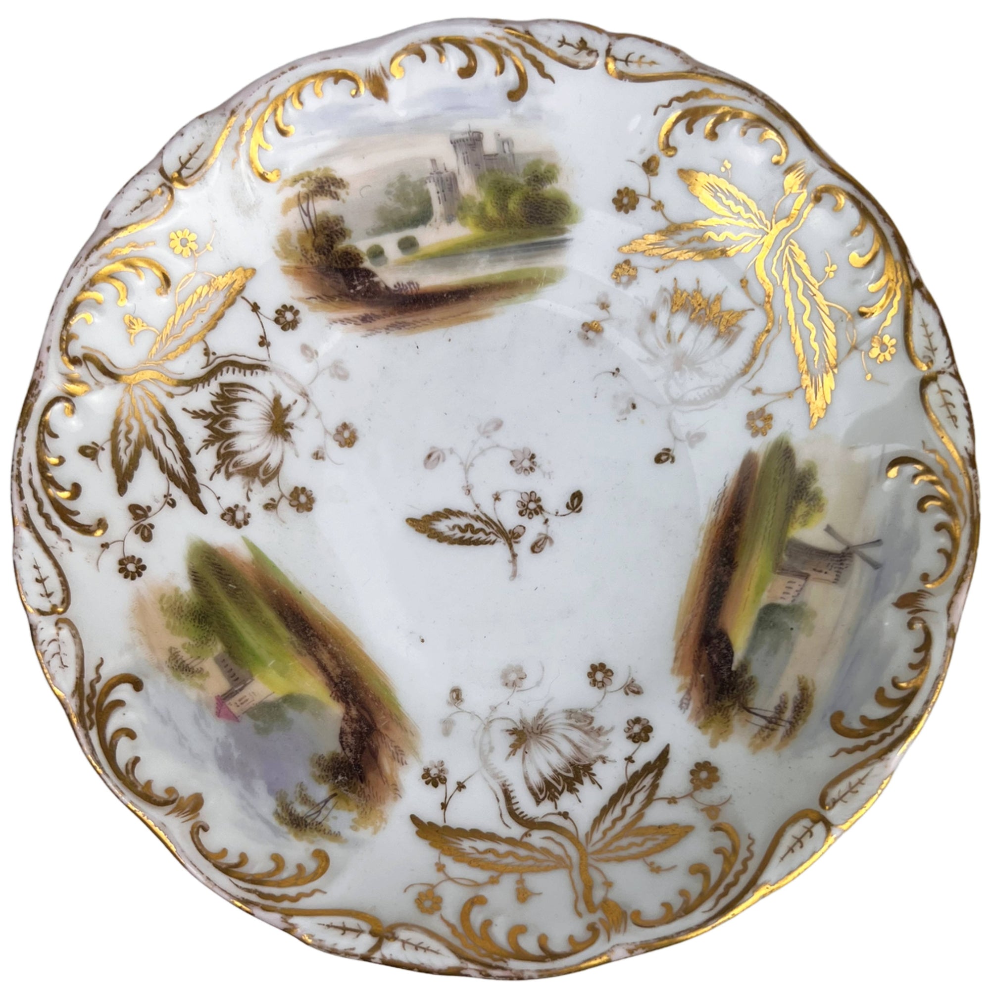 Antique Coalport Porcelain Cup & Saucer Hand Painted Landscape Scenes Early 19th c - Poppy's Vintage Clothing