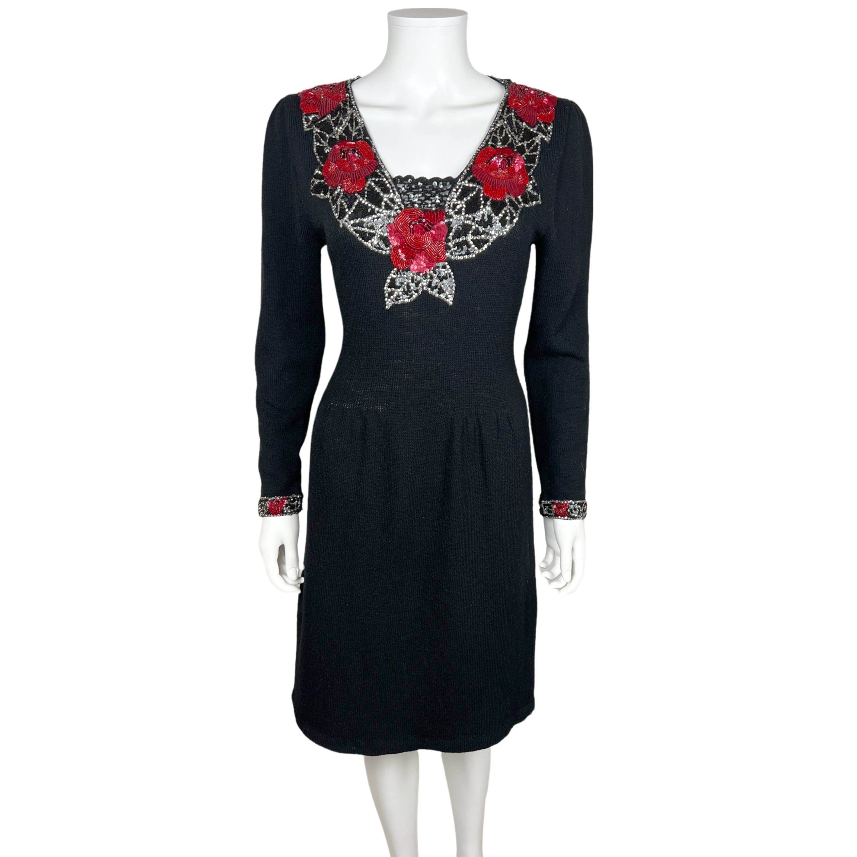 Vintage 1950s Beaded Black Wool Knit Dress Size L Vintage 1950s Beaded Black Wool Knit Dress Size L
