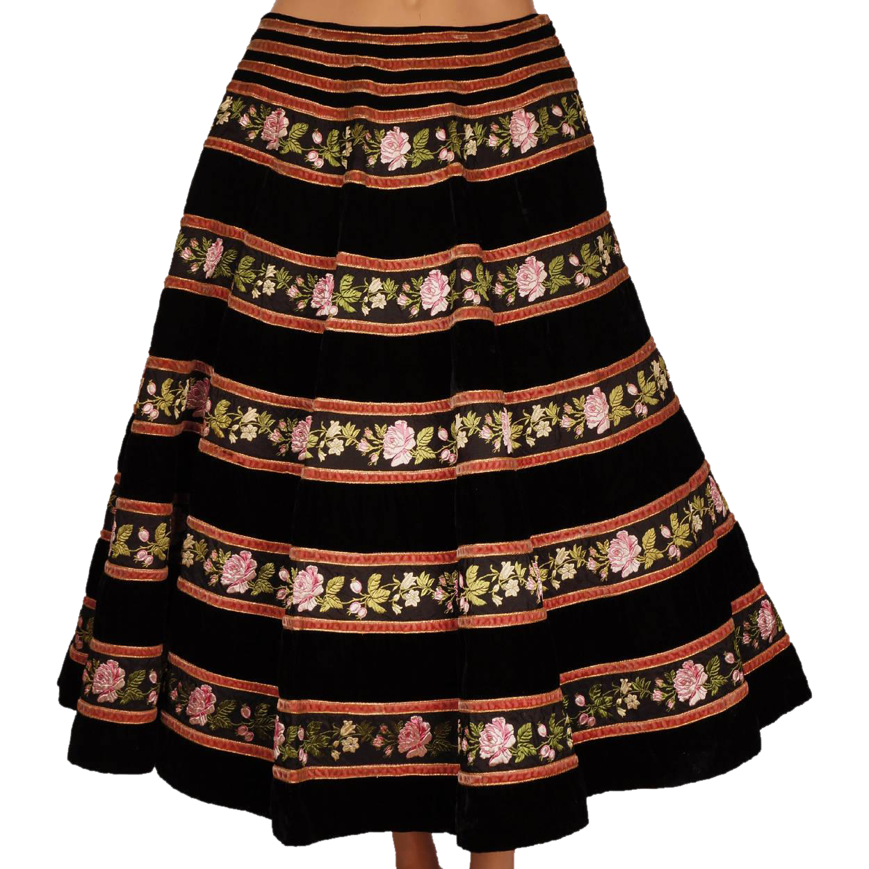 Vintage 1950s Pierre Balmain Velvet Circle Skirt with Rose Pattern Velvet Ribbon - Poppy's Vintage Clothing