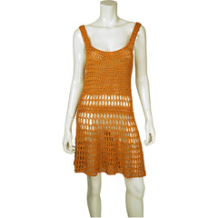 Vintage 1960s Orange Crochet Hand Knit Short Dress Size M - Poppy's Vintage Clothing