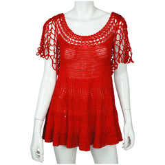 Vintage 1960s Red Crochet Top Hand Knit Pullover Size M - Poppy's Vintage Clothing