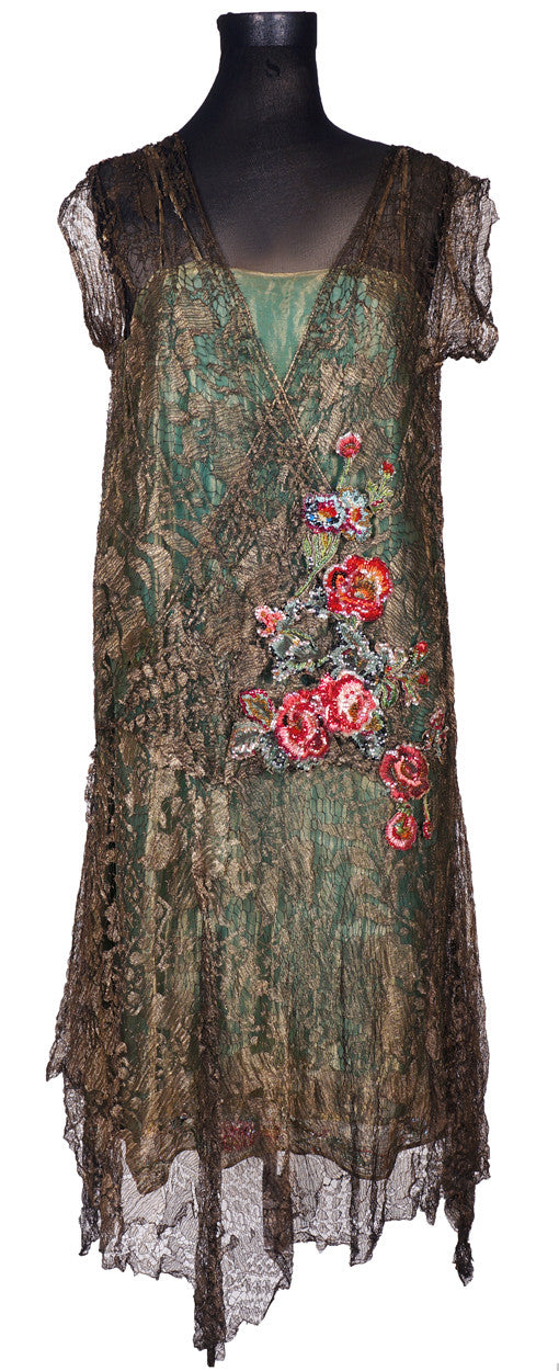 1920s Flapper Dress Metallic Lace Gown with Beaded Floral Applique Poppy's Vintage Clothing 1920s Flapper Dress Metallic Lace Gown with Beaded Floral Applique Poppy's Vintage Clothing