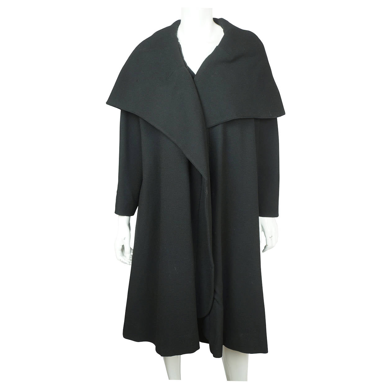 Vintage 1950s Evening Coat with Cape Style Shawl Collar Black Wool