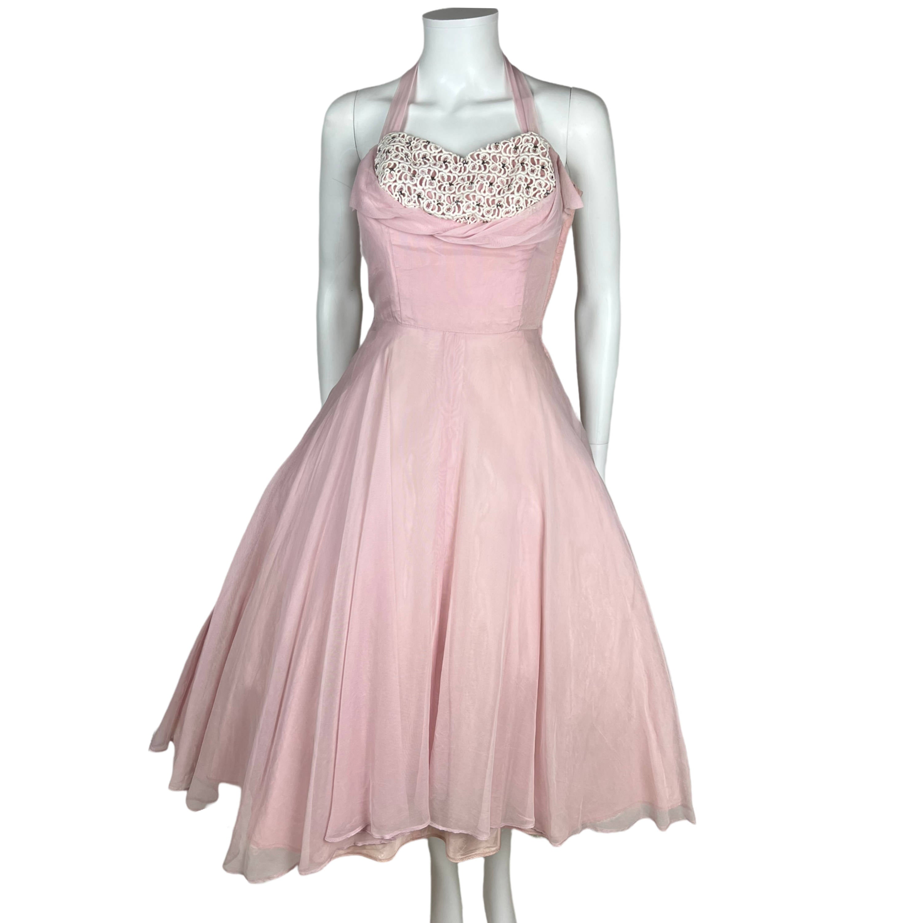 Vintage 1950s Halter Dress with Shelf Bust Pink Chiffon Size XS Vintage 1950s Halter Dress with Shelf Bust Pink Chiffon Size XS