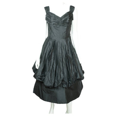 Vintage 1950s Black Silk Taffeta Ball Gown Dress w Bubble Balloon Skirt Size M - Poppy's Vintage Clothing