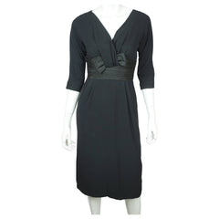 Vintage 1950s Black Crepe Cocktail Wiggle Dress with Taffeta Waist & Bow Sz S M - Poppy's Vintage Clothing