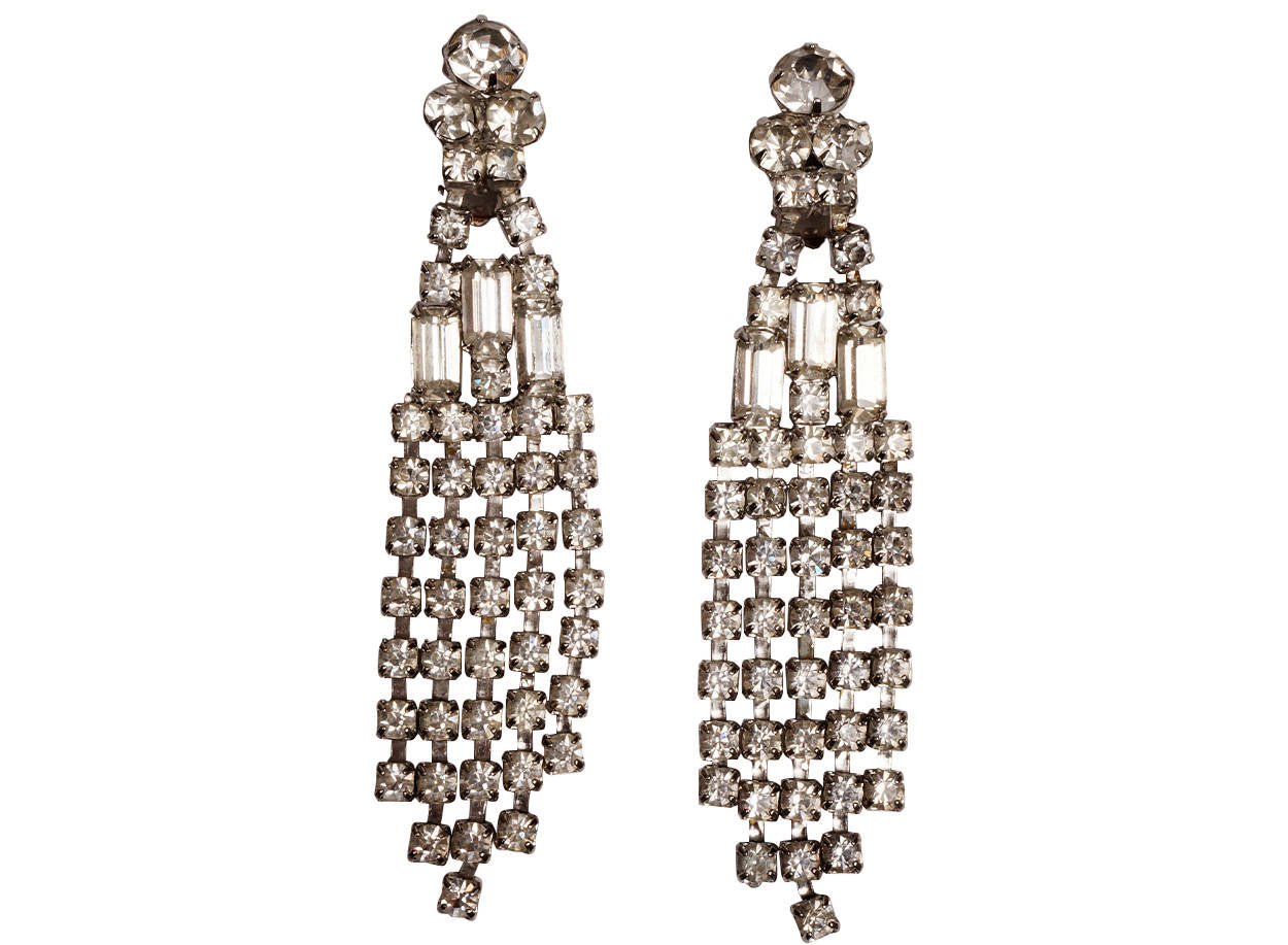 Vintage 1960s Rhinestone Chandelier Drop Earrings 4 Inch Fall - Poppy's Vintage Clothing