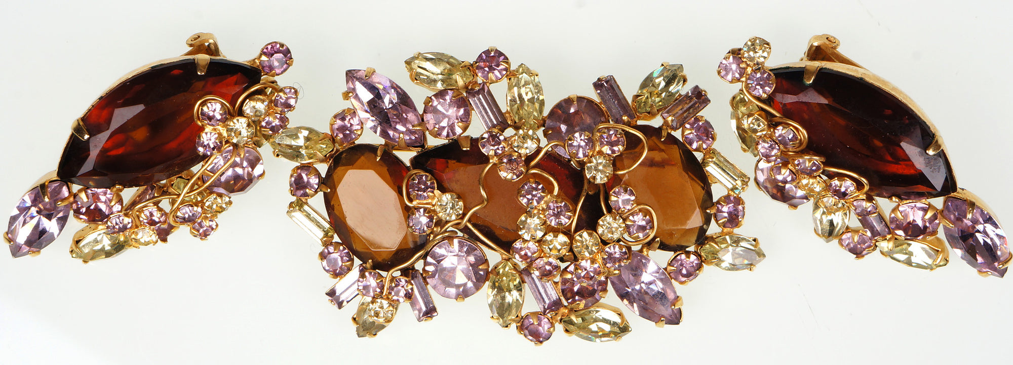 D&E Juliana Jewelry Alexandrite Glass Rhinestone Demi Parure Brooch & Earrings - Poppy's Vintage Clothing