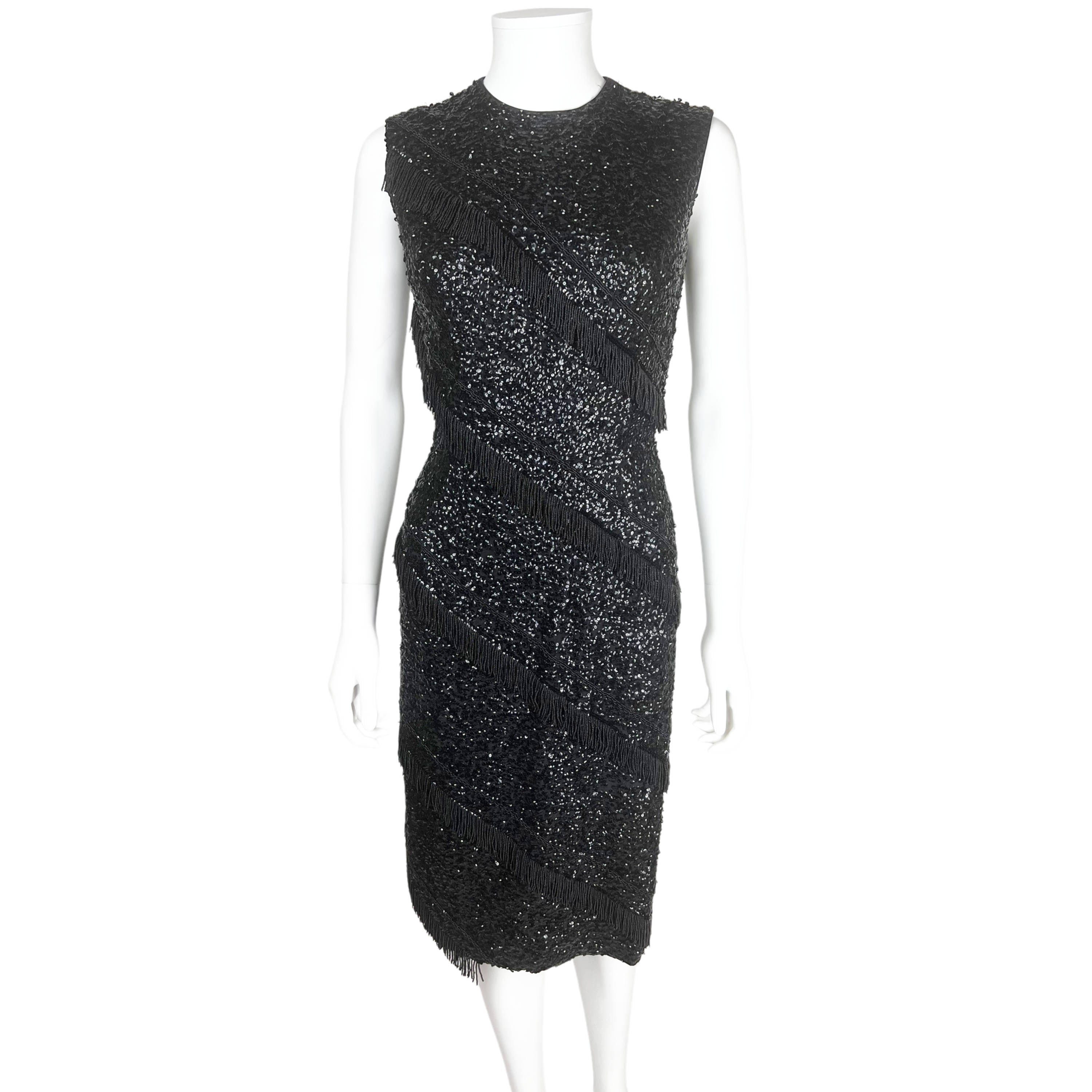 Vintage 1950s Cocktail Dress Black Sequins w Beaded Fringe M Vintage 1950s Cocktail Dress Black Sequins w Beaded Fringe M