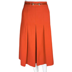 Vintage Celine Paris Skirt Orange Wool w Leather Waistband