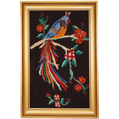 Vintage Chenille Hand Embroidered Bird of Paradise Embroidery Large - Poppy's Vintage Clothing
