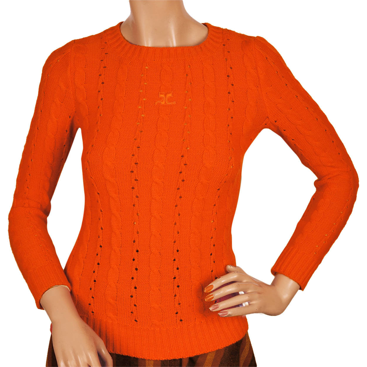 Vintage 70s Courreges Sweater Orange Cable Knit with Logo Top Size S - Poppy's Vintage Clothing