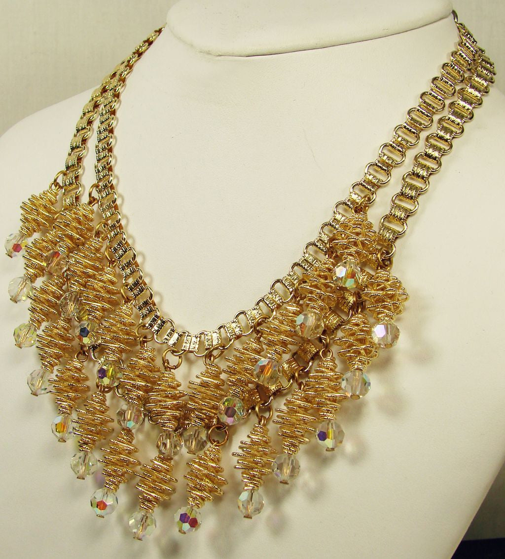 Spiral Necklace Crystal Drops Gold Tone 1960s - Poppy's Vintage Clothing
