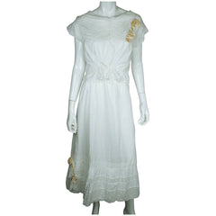 Antique Edwardian White Cotton Petticoat &amp; Chemise Set w Lace Trim Size M / L - Poppy's Vintage Clothing