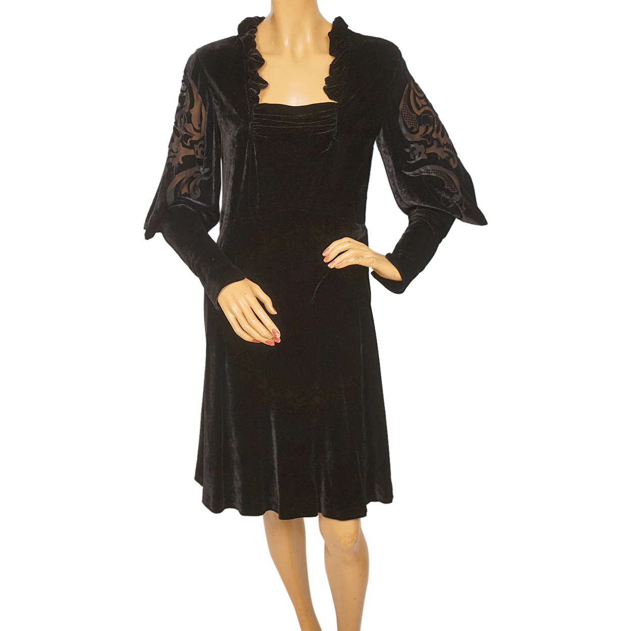 Etro Milano Italy Dress Black Velvet Devore Back & Sleeves Small Itali Poppy's Vintage Clothing Etro Milano Italy Dress Black Velvet Devore Back & Sleeves Small Itali Poppy's Vintage Clothing