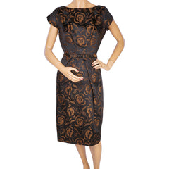 Vintage 1960s Cocktail Dress Floral Woven Satin Brown and Black Size M - Poppy's Vintage Clothing