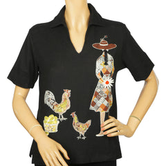 Vintage 1960s Novelty Top Funsters by Darwyn Girl w Chickens Ladies Polo Shirt M - Poppy's Vintage Clothing