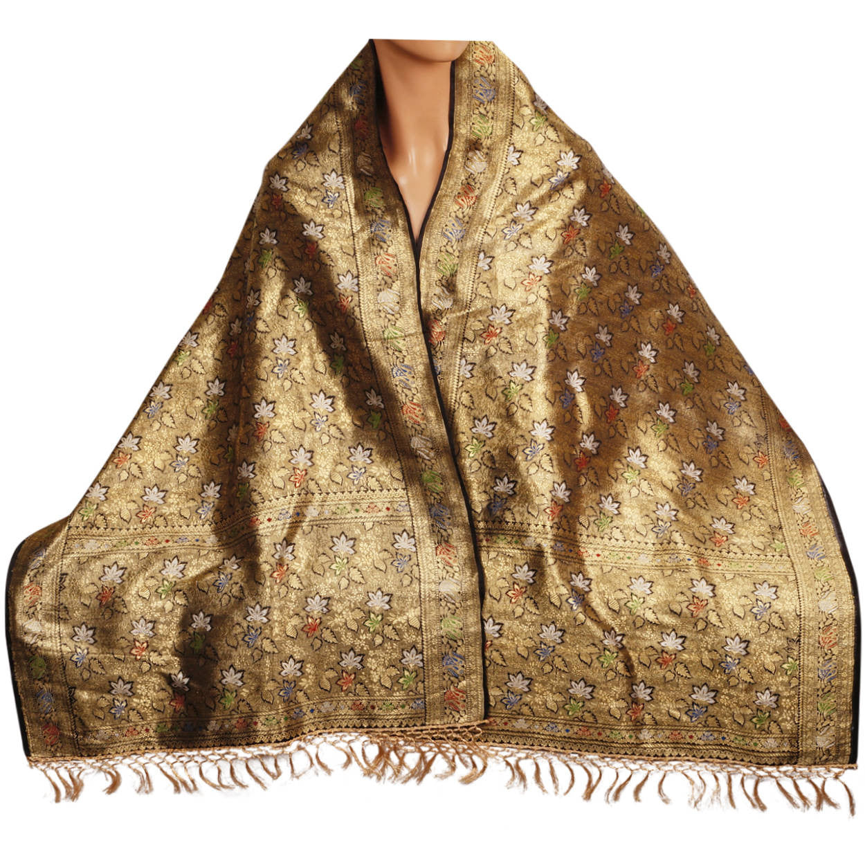 Vintage Indian Woven Gold Silk Shawl w Foliate Pattern 1930s Formal Sari Scarf - Poppy's Vintage Clothing