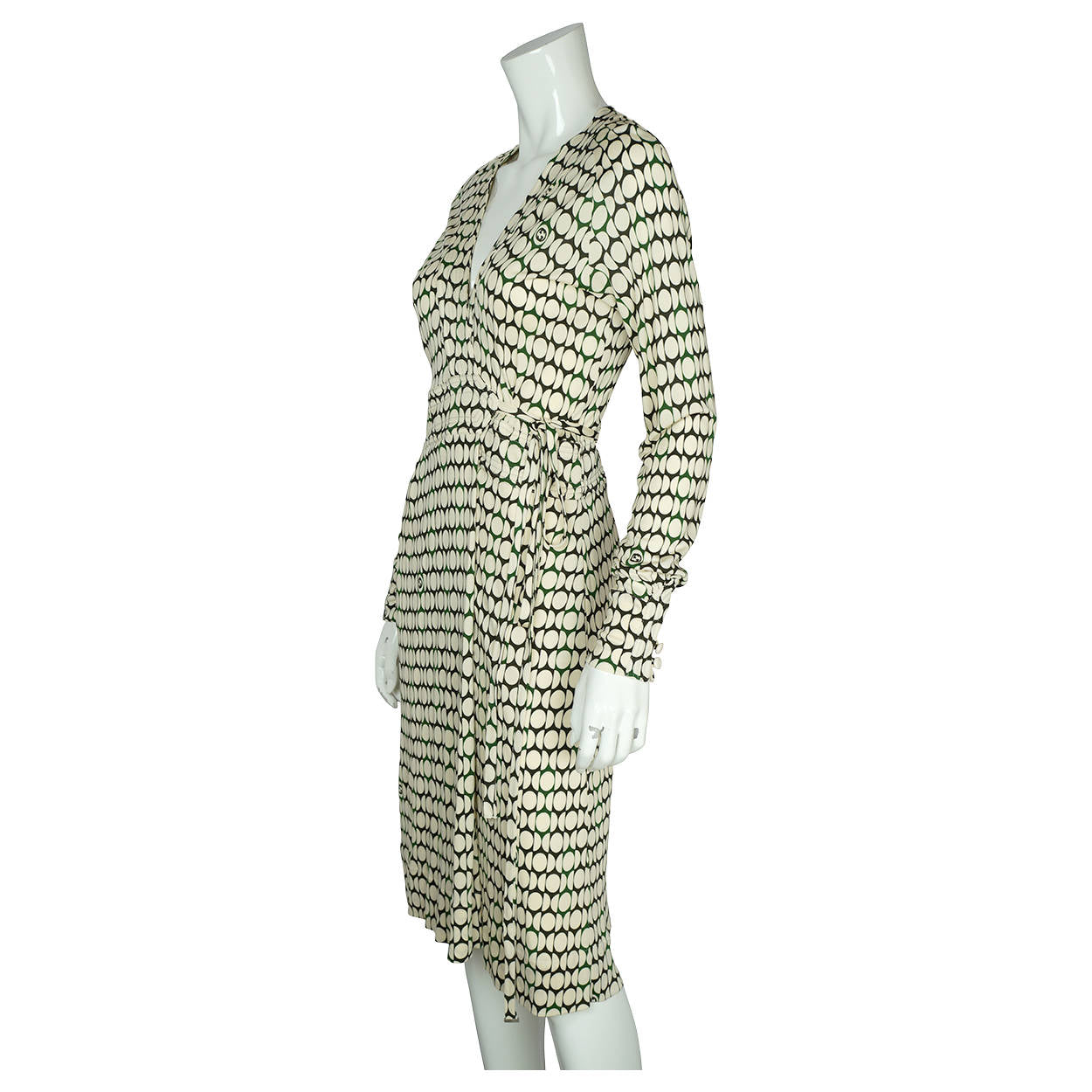 Gucci Logo Wrap Dress White Circles Green & Black Made in Italy Si Poppy's Vintage Clothing Gucci Logo Wrap Dress White Circles Green & Black Made in Italy Si Poppy's Vintage Clothing