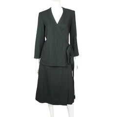 Vintage 1970s Designer Guy Laroche Black Wool Skirt Suit 2 Piece Ensemble Sz 12 - Poppy's Vintage Clothing