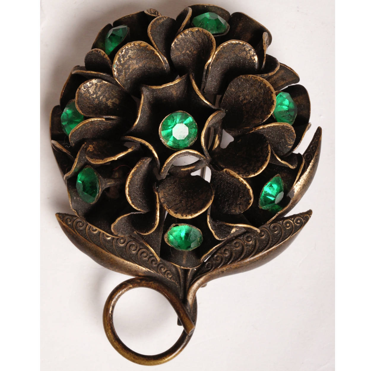 Vintage 1930s H Pomerantz NY Brass and Green Rhinestone Brooch - Exceptional - Poppy's Vintage Clothing