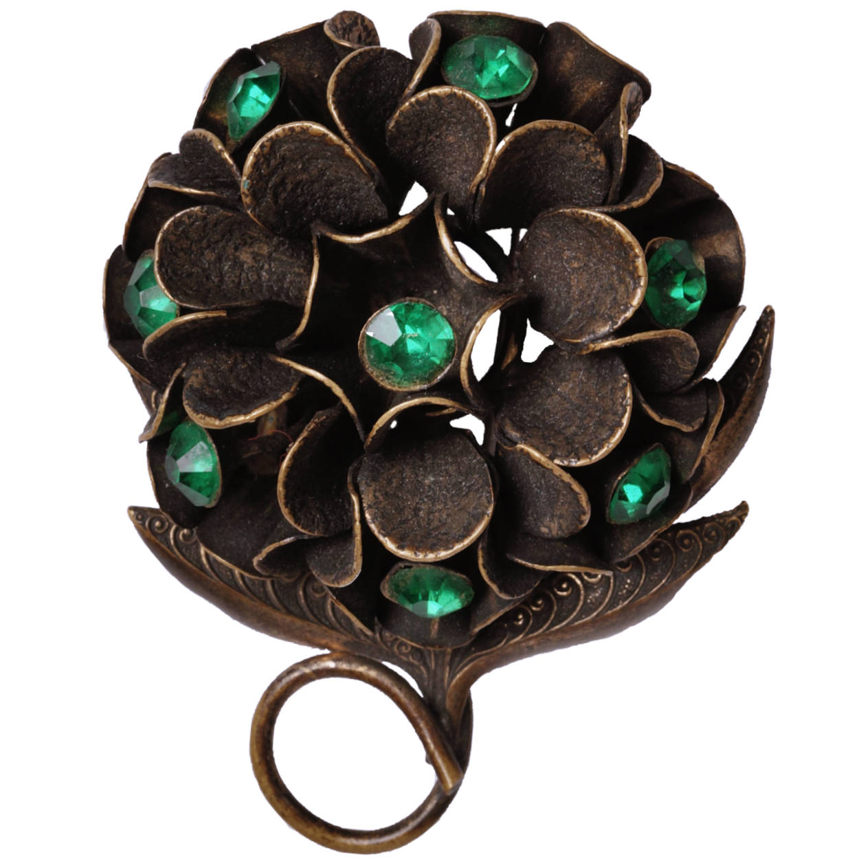 Vintage 1930s H Pomerantz NY Brass and Green Rhinestone Brooch - Exceptional - Poppy's Vintage Clothing