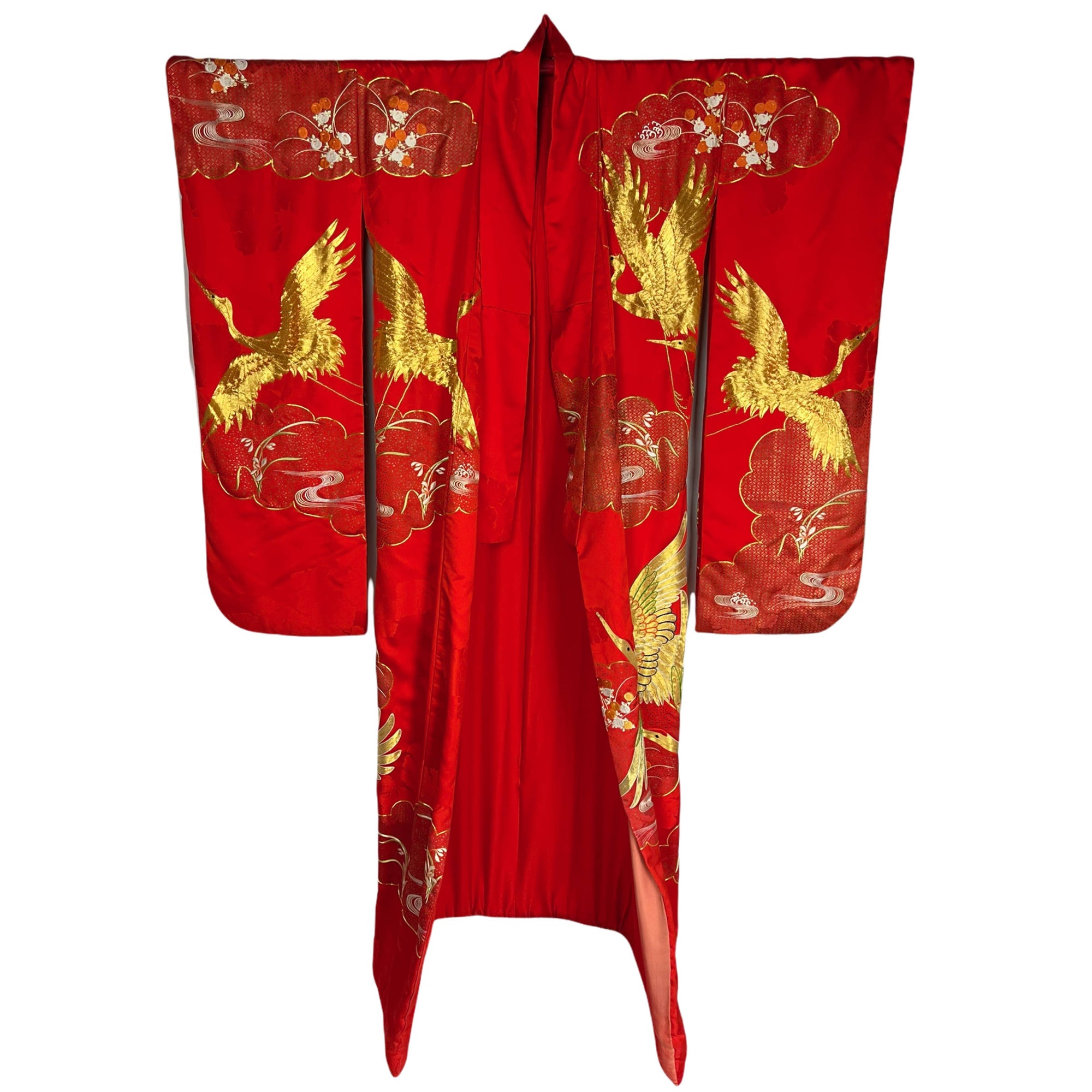 Japanese Wedding Kimono Iro Uchikake Red Silk w Gold Cranes