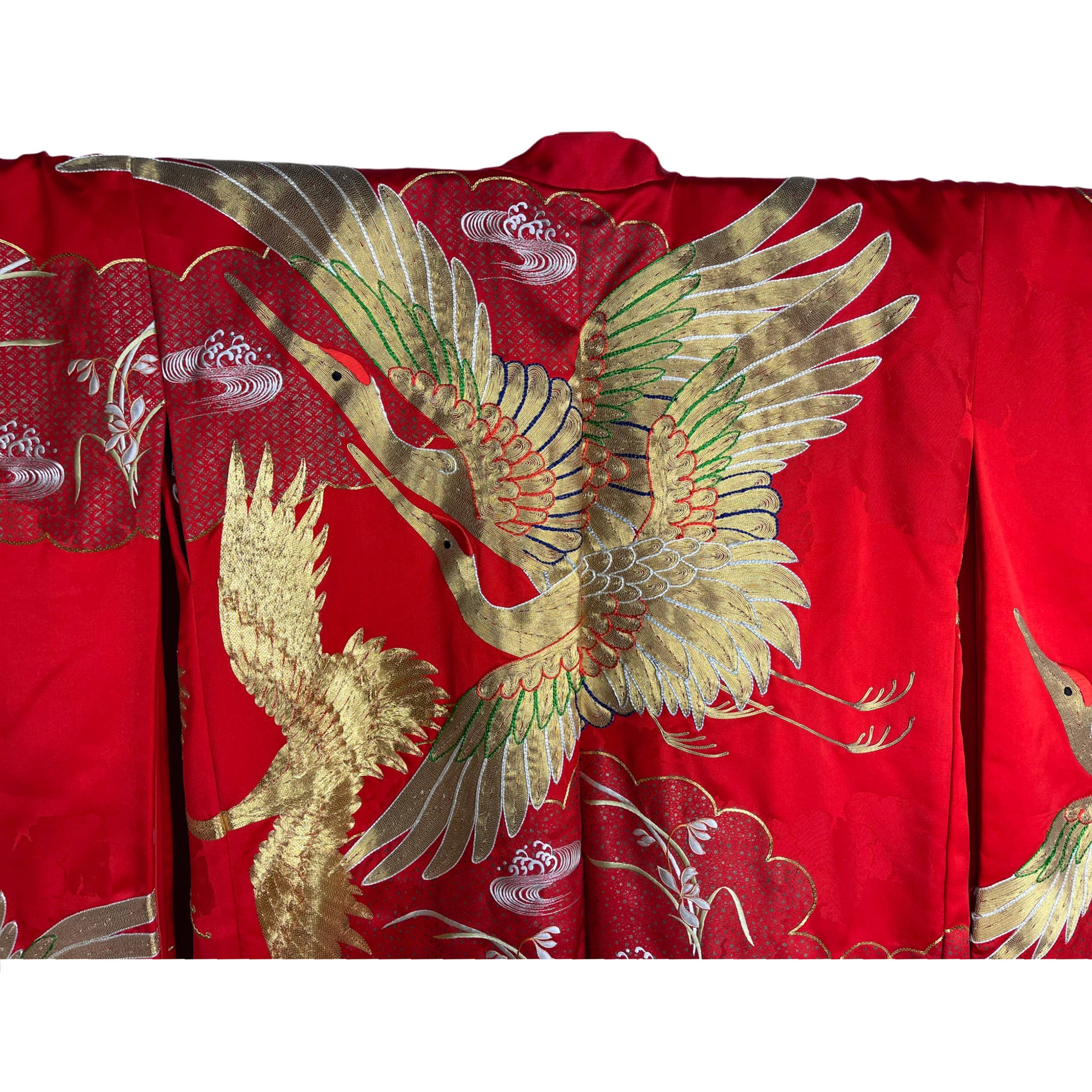 Japanese Wedding Kimono Iro Uchikake Red Silk w Gold Cranes