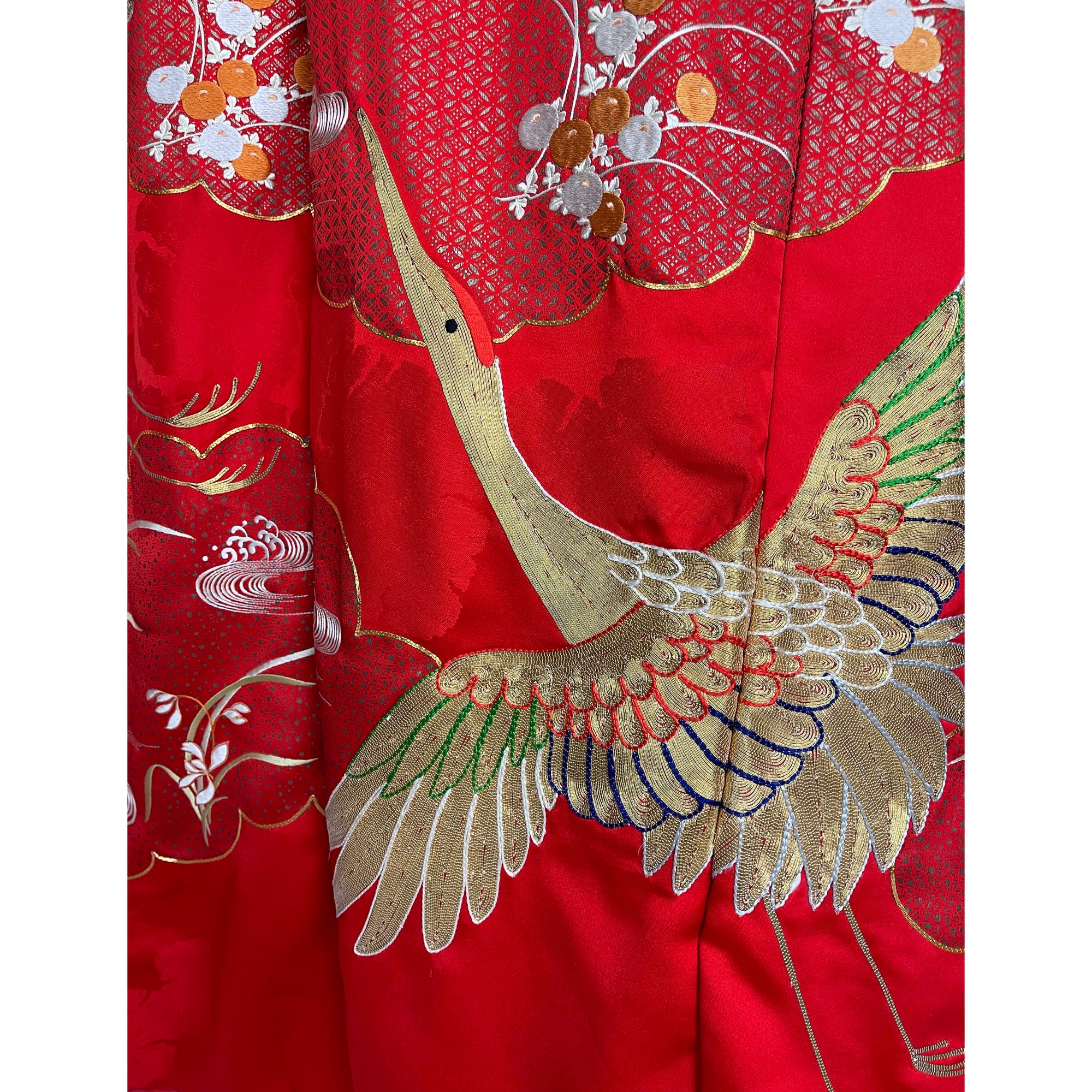 Japanese Wedding Kimono Iro Uchikake Red Silk w Gold Cranes