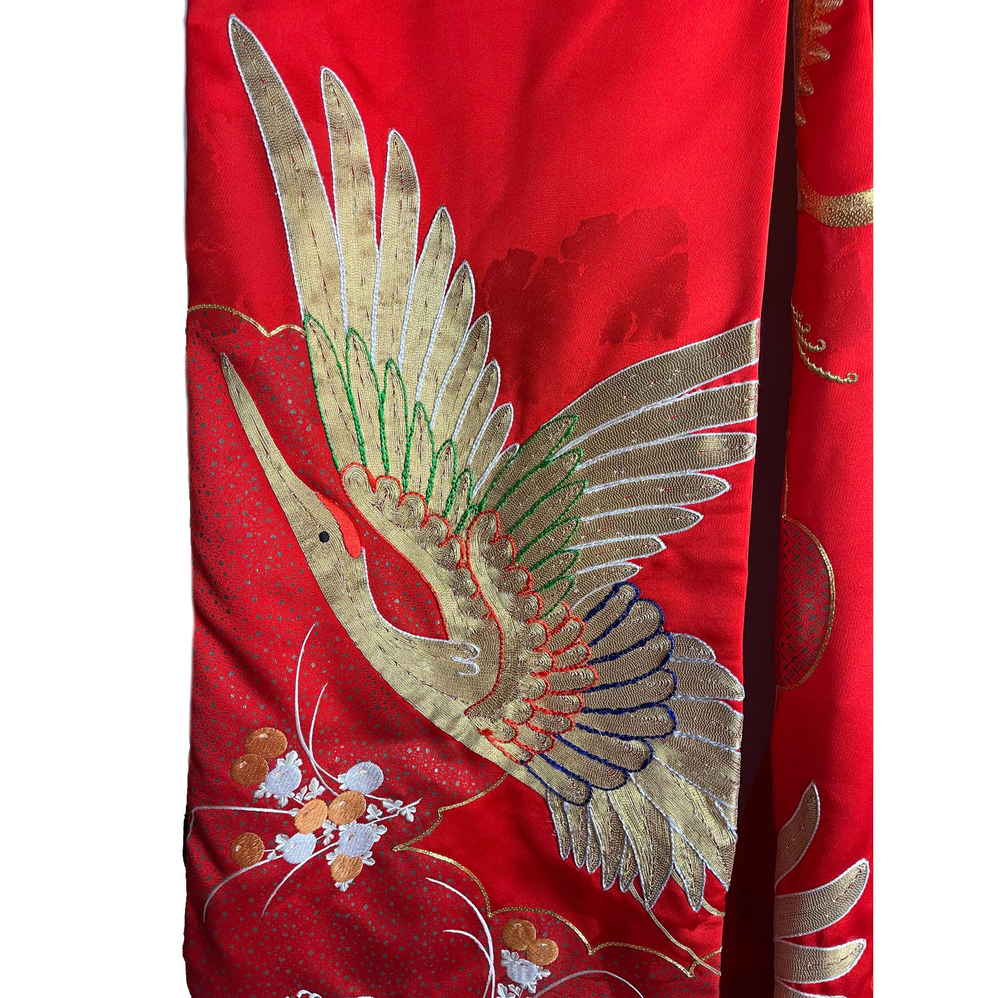 Japanese Wedding Kimono Iro Uchikake Red Silk w Gold Cranes