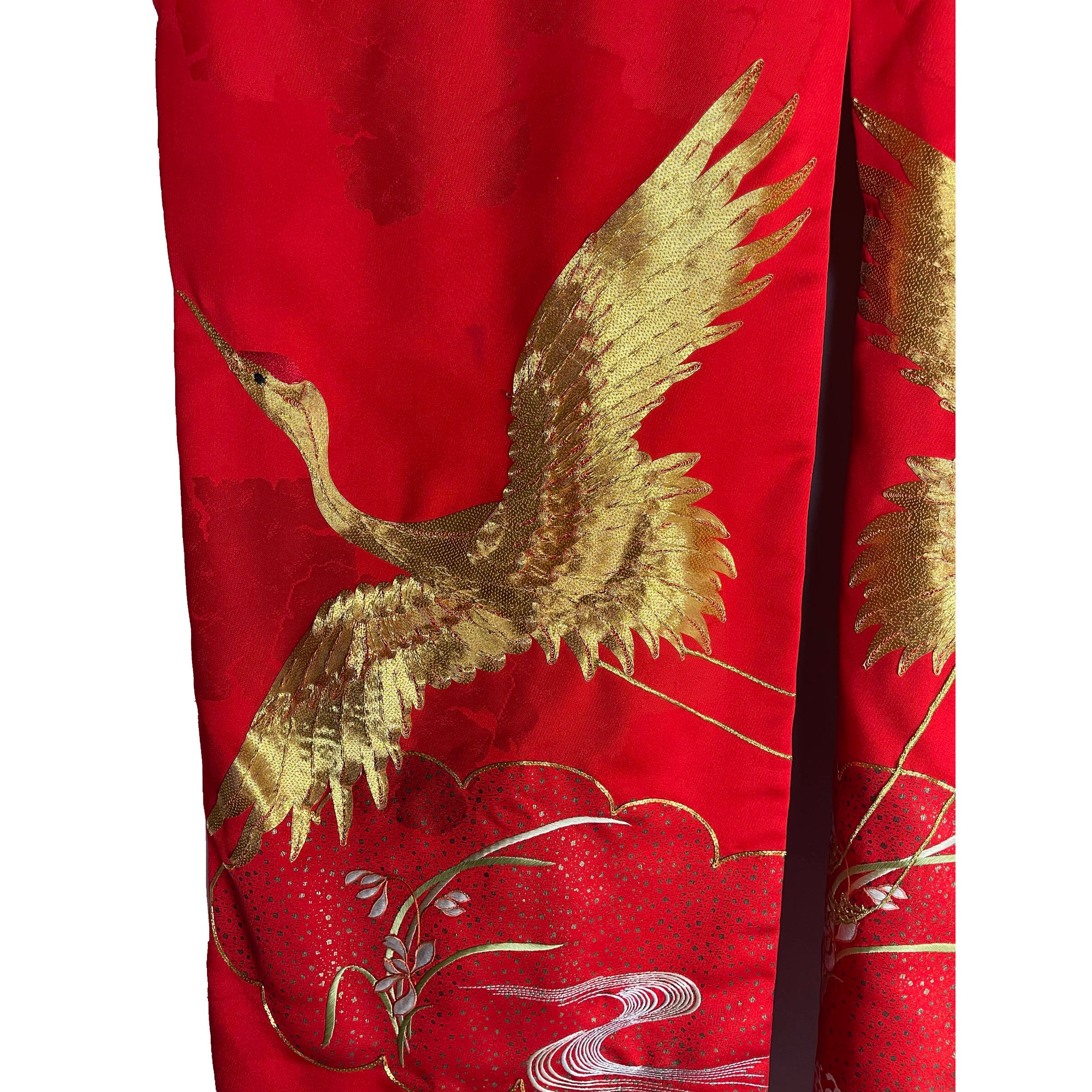Japanese Wedding Kimono Iro Uchikake Red Silk w Gold Cranes