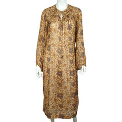 Vintage 1970s Indian Pure Silk Dress Block Printed Konarak Ashok Hotel Sz M - Poppy's Vintage Clothing