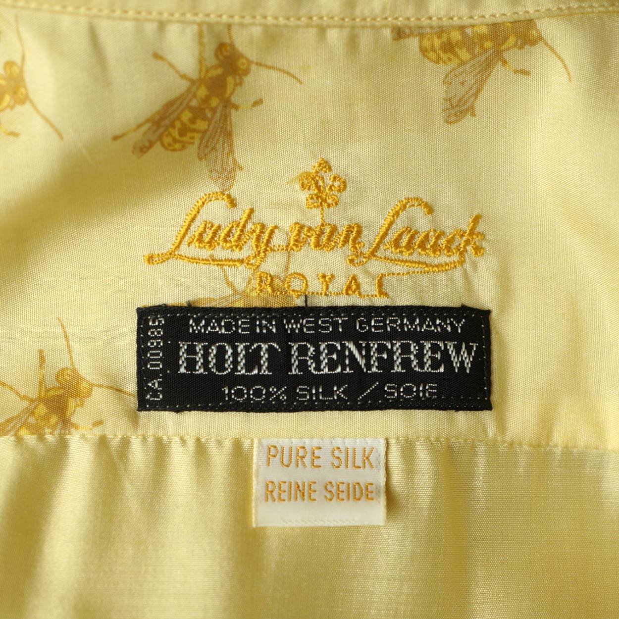 Vintage 1970s Silk Shirt Blouse Bee Pattern Lady Van Laack Germany Holt Renfrew - Poppy's Vintage Clothing
