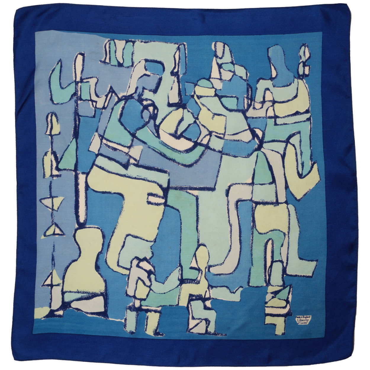 Vintage Liberty of London Silk Scarf Blue Cubist Figural Pattern Exceptional - Poppy's Vintage Clothing