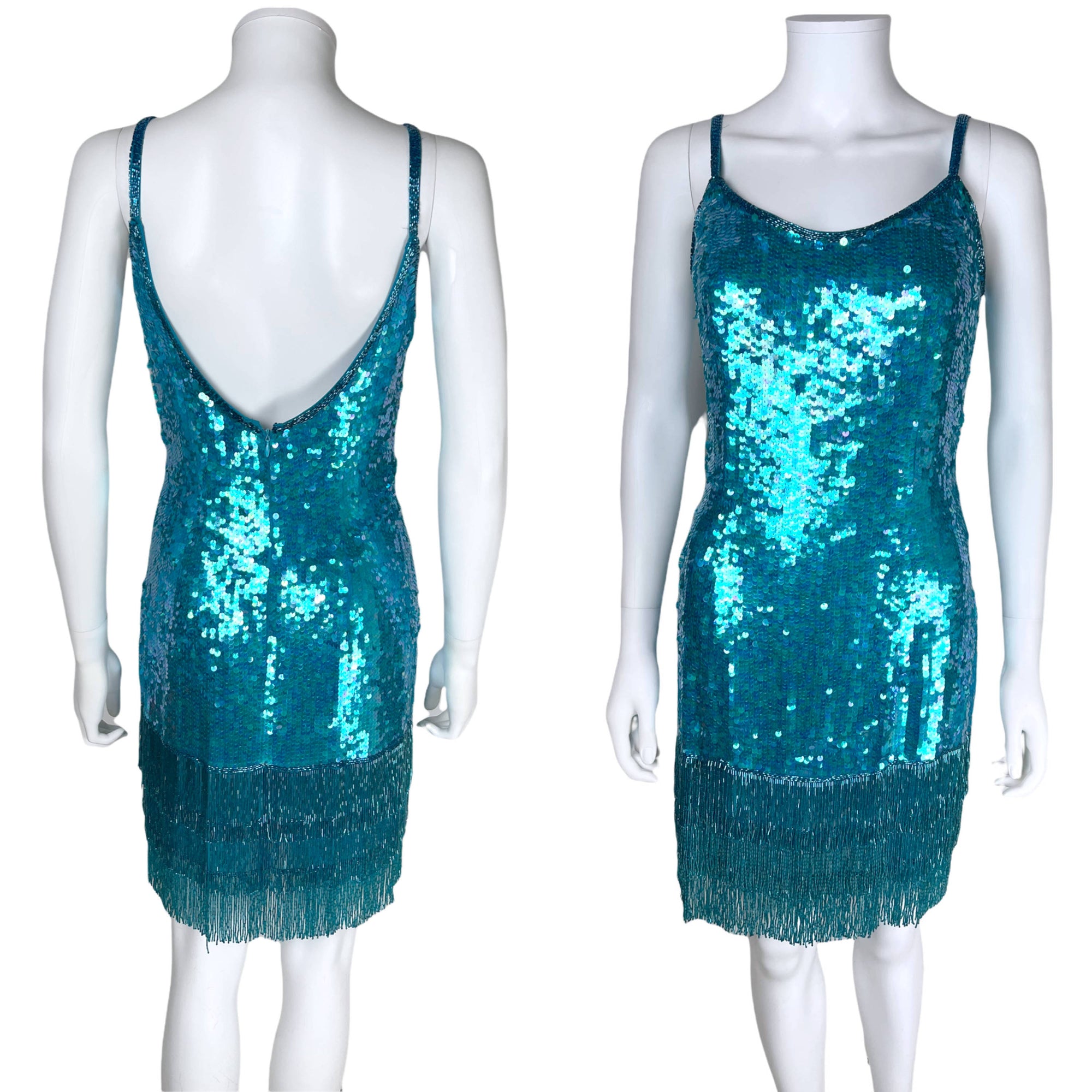 Vintage Lillie Rubin Sequin Beaded Dress Blue Silk Size S