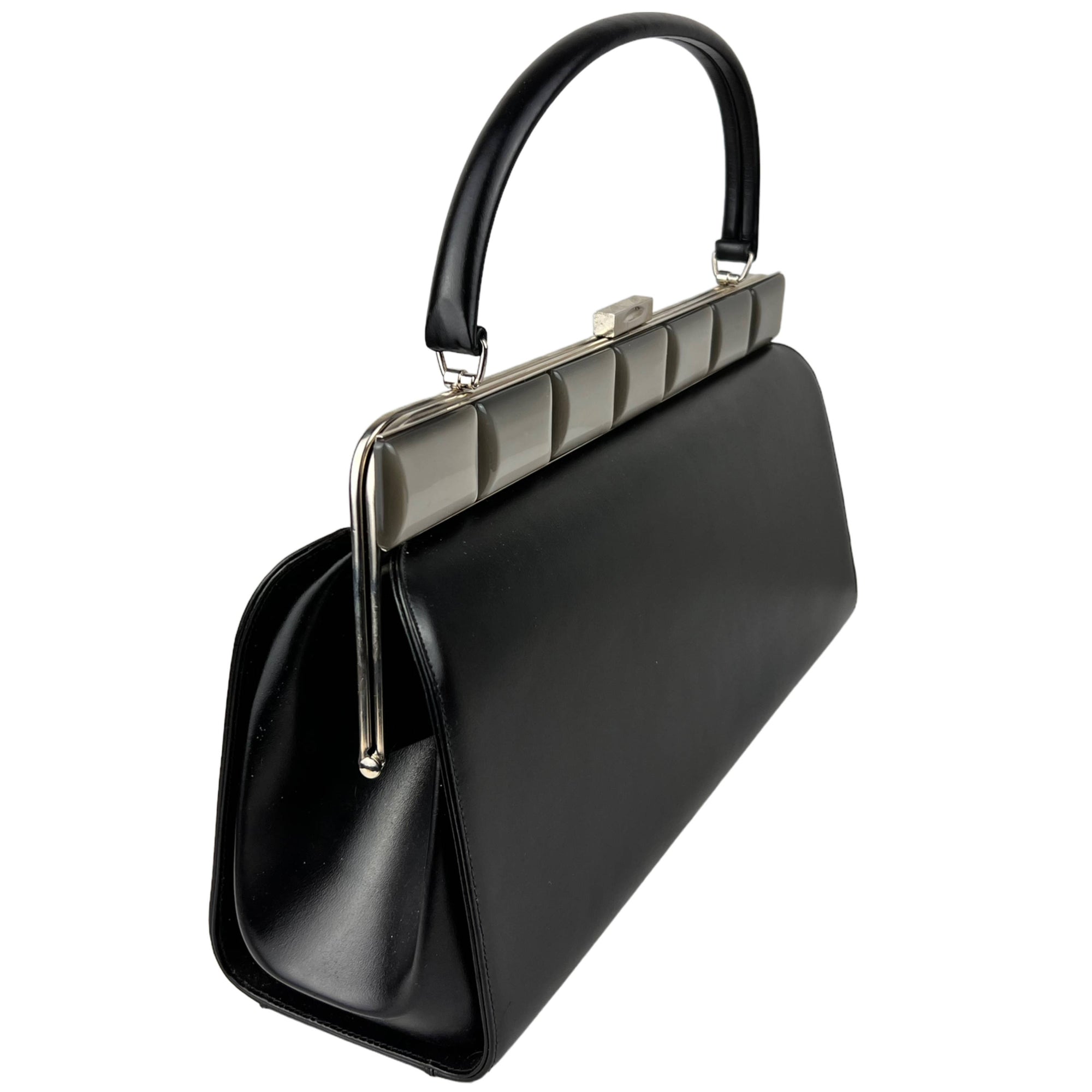 Large Vintage 1950s Handbag Black Leather w Faux MOP Purse